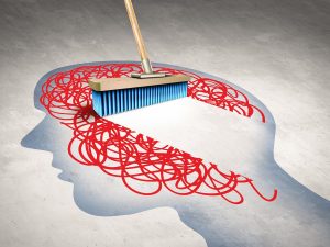 Study Links Repeated Negative Thinking to Dementia Illustration of a broom sweeping away an abstract representation of the mind inside the outline of a head.