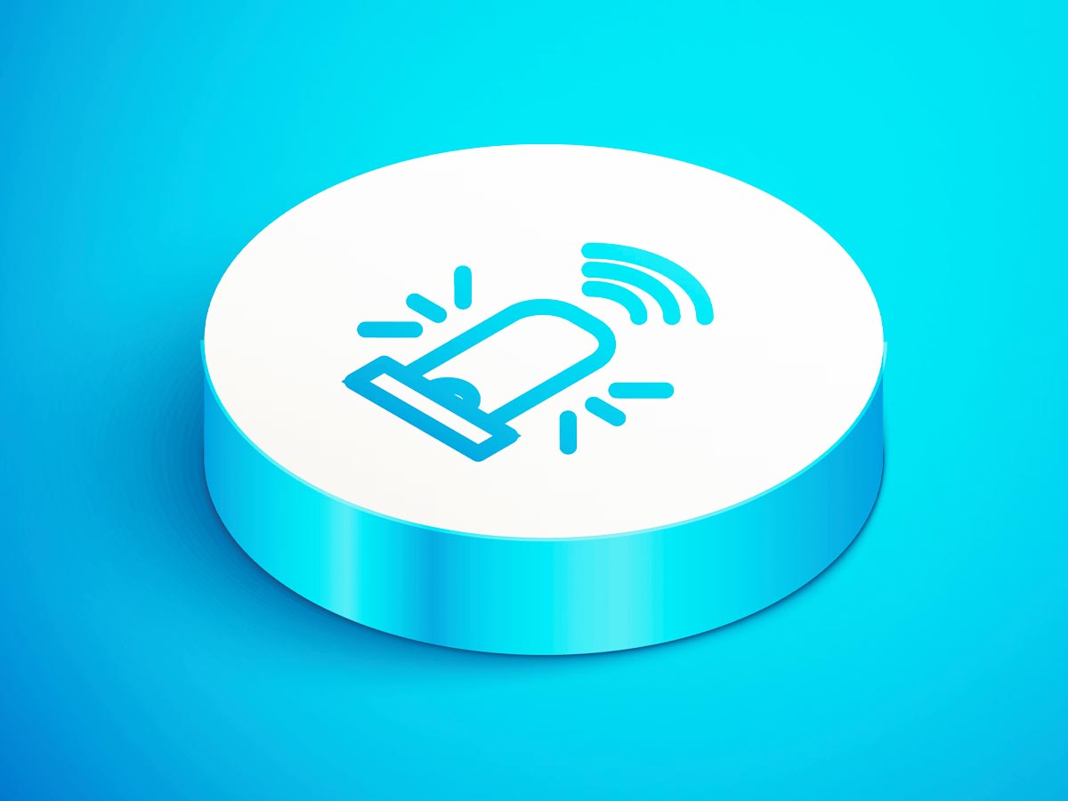 illustration of a button for medical alert systems on a blue background