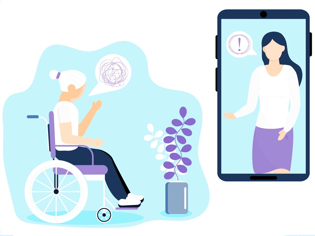 Illustration of a senior woman in a wheelchair talking to a female therapist on a cellphone screen