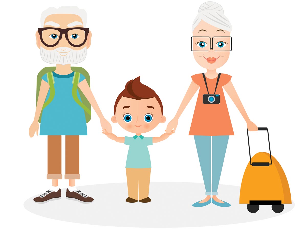 Illustration of grandparents standing with grandchild, getting ready to travel.
