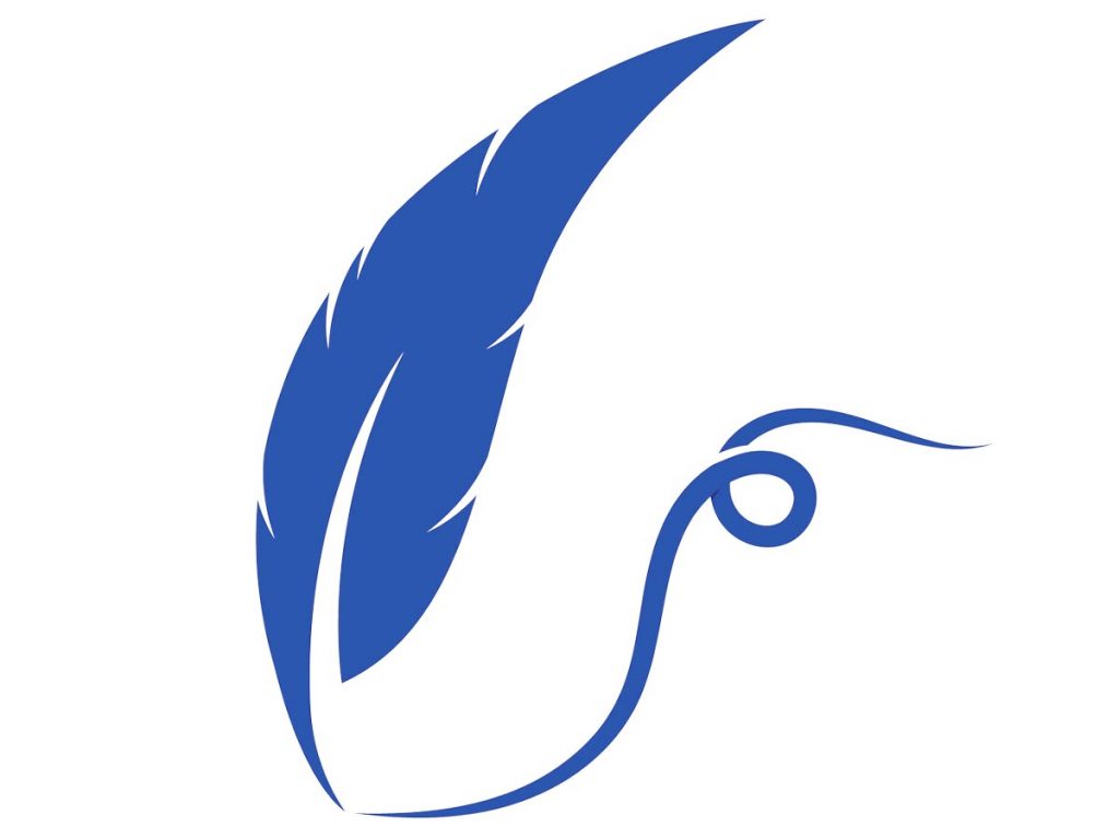 Blue illustration of a feather pen leaving a curving line