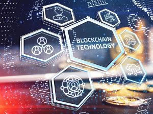 Blockchain: Coming to A Bank Near You Illustration depicting blockchain technology concept