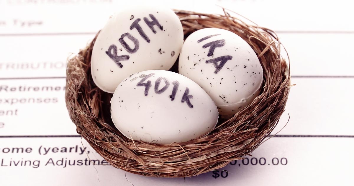 Photo of eggs in a nest, labeled ROTH, IRA and 401K, representing a nest egg.
