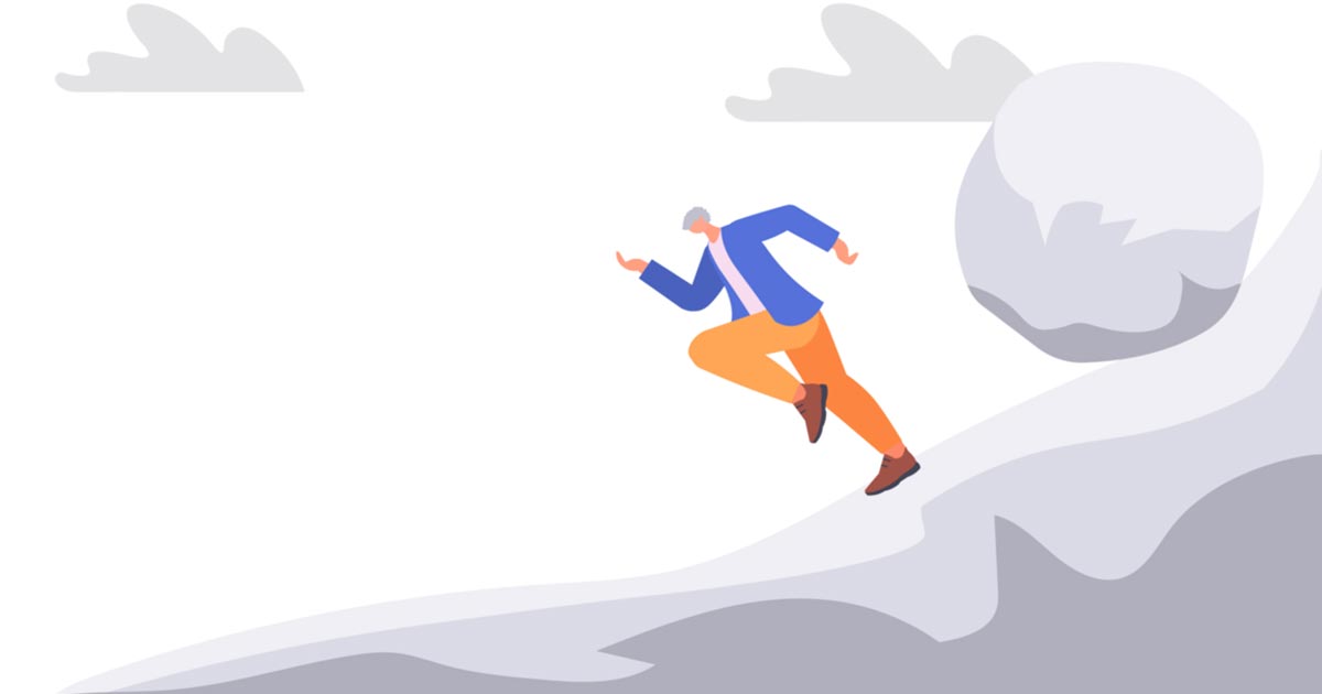 illustration of someone running downhill to escape getting crushed by a giant snowball