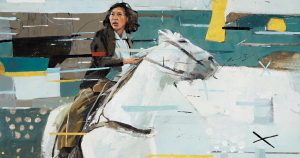 Painting of a Native American woman looking back while riding a white horse. Artist: Amy Livzey-Brakeman