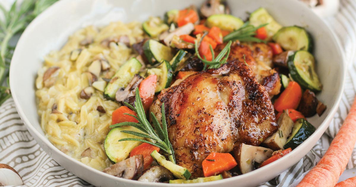 garlic rosemary, butter-roasted chicken thighs and veggies with mushroom orzo risotto