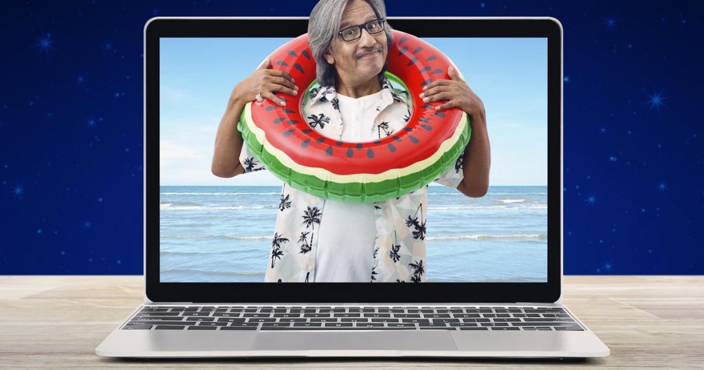 image of a travel popping out of a computer screen, wearing a water donut around his neck — representing travel scams