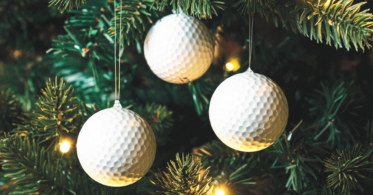 Closeup photo of golf balls used as Christmas tree ornamentes
