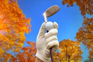 Gloved hand holding golf ball